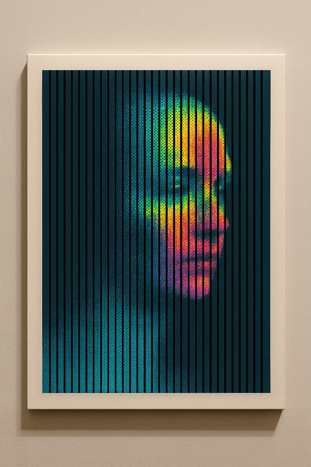AI generated: {
  "scene": "Parallel black slits over a blue portrait halftone create a hidden face that appears o...