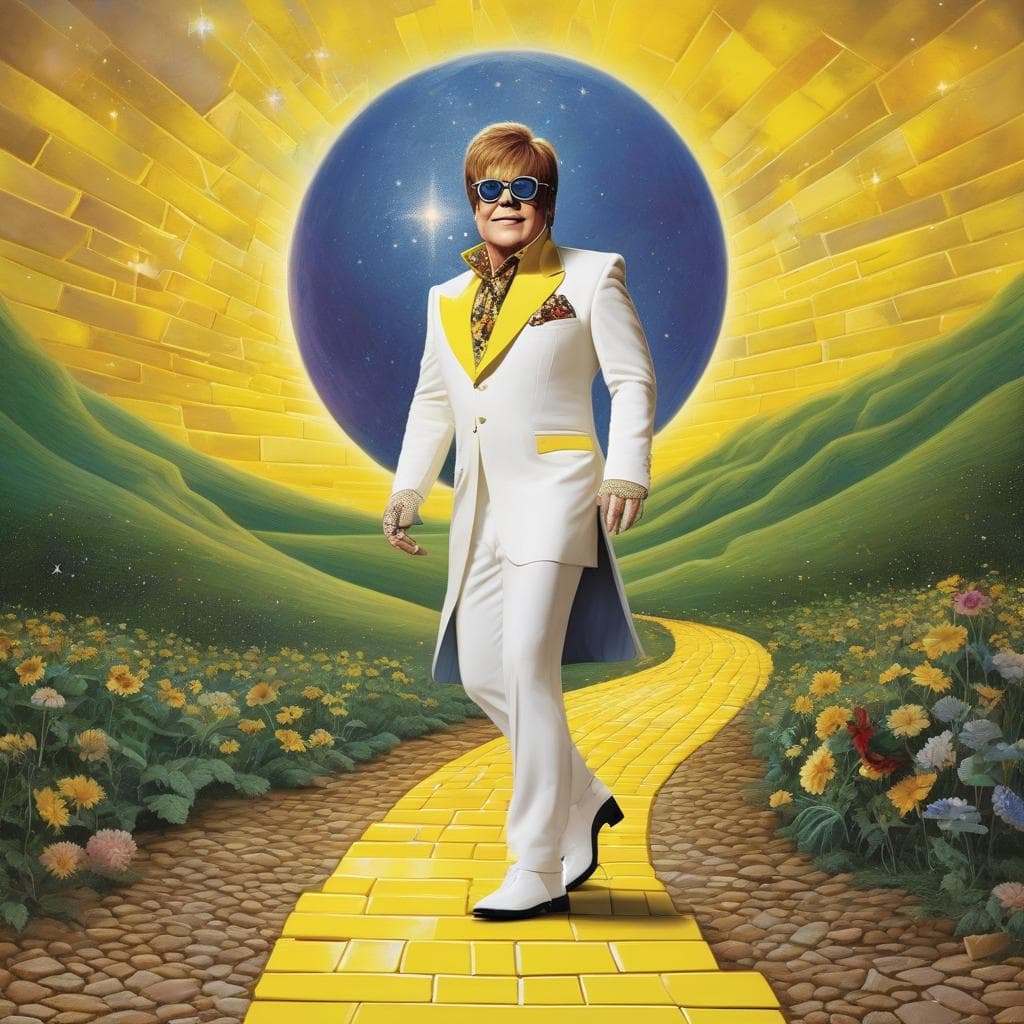 AI generated: Starman still standing on the Yellow Brick Road, with Elton John. Neo surrealism, magical realism, b...