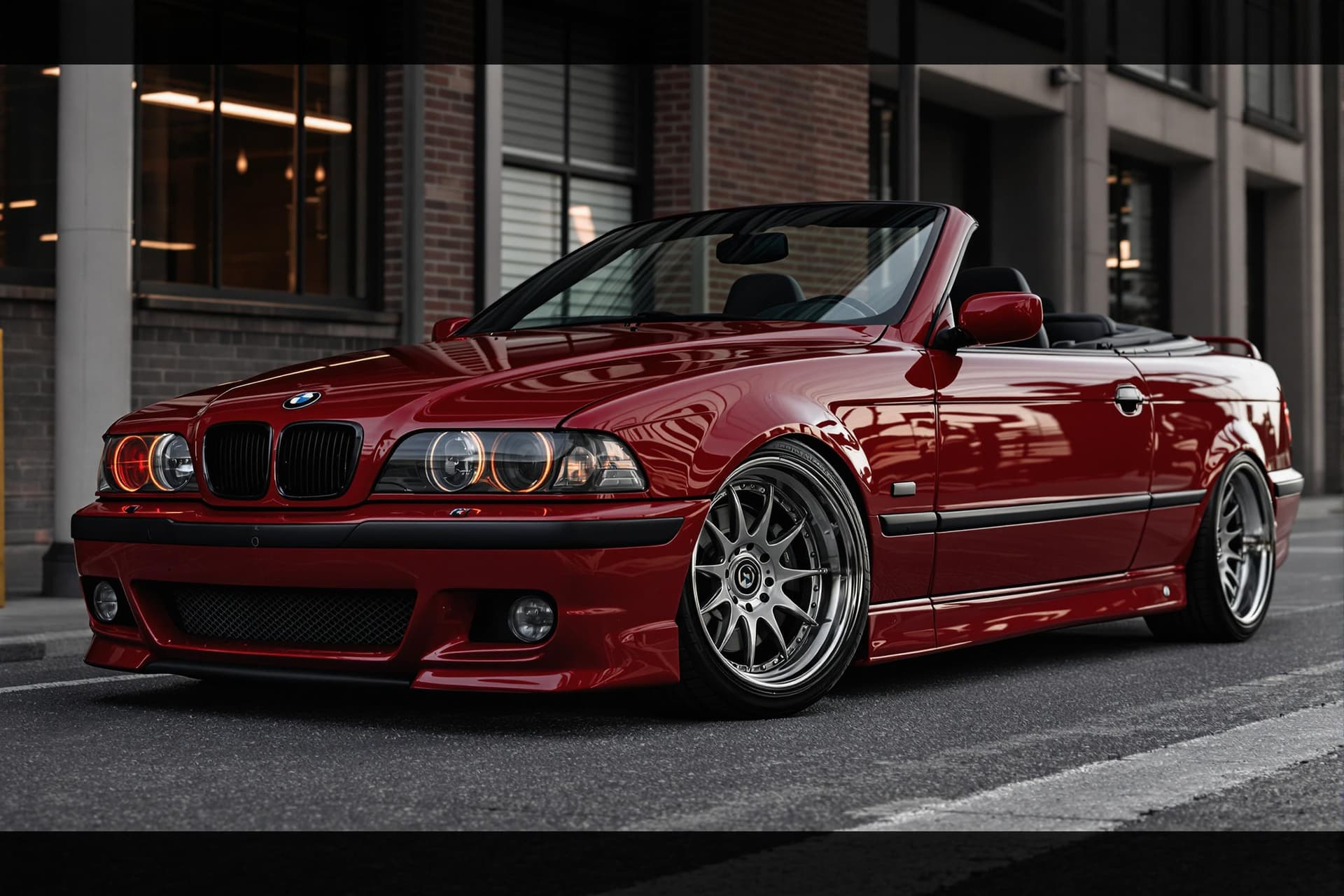 AI generated: dark red bmw e39 5-series convertible with bbs rs wheels, cinematic, hyper realism, high detail, 8k