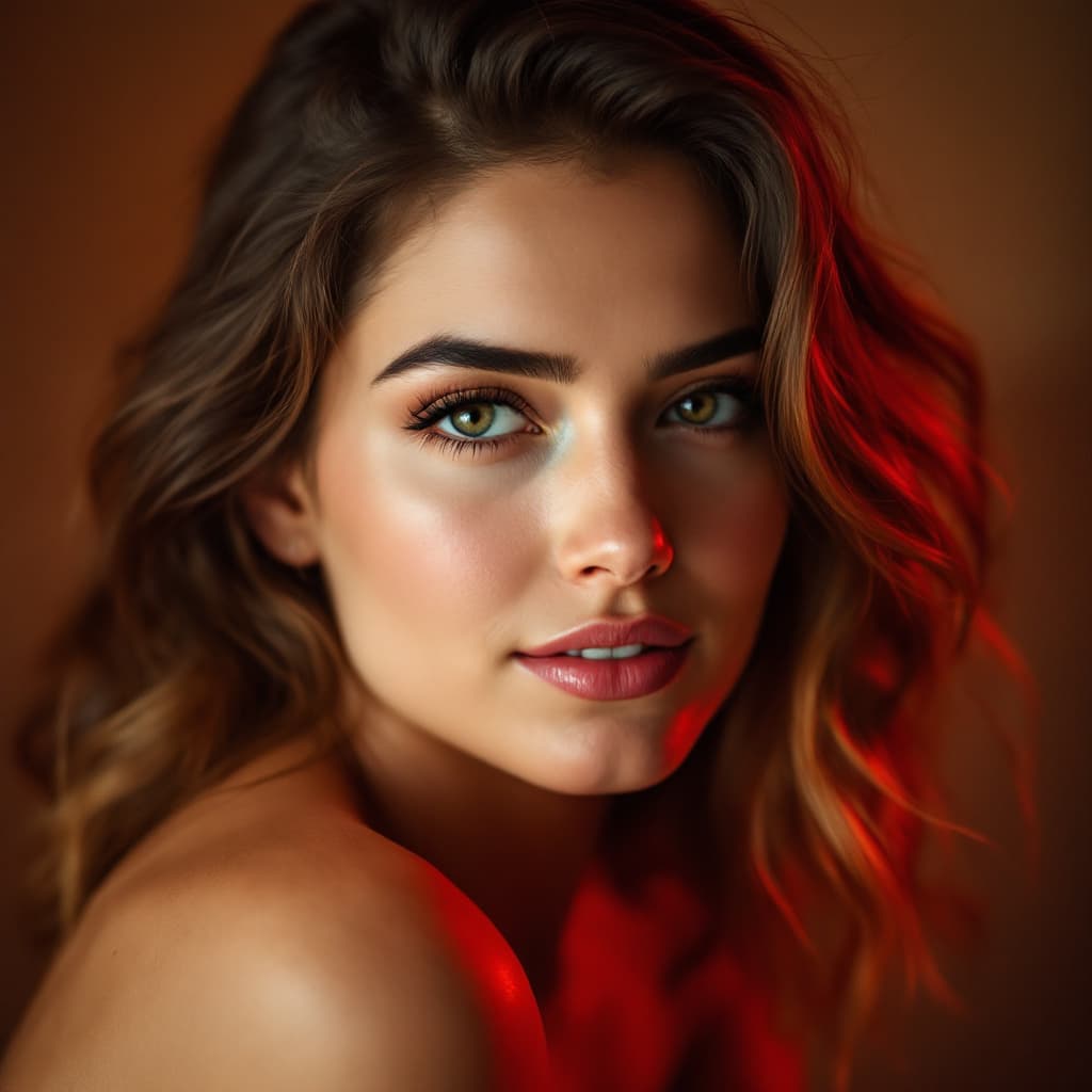AI generated: A close-up portrait of a woman with a serene expression, positioned slightly angled to the left with...