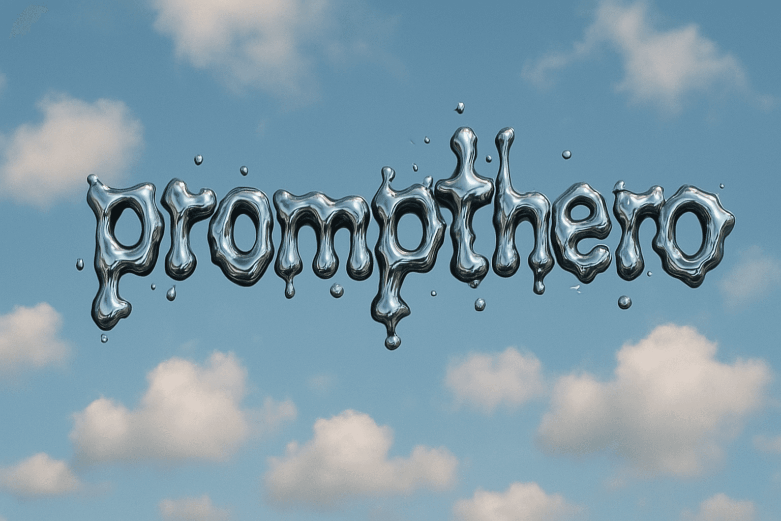 AI generated: Create a liquid metal ink blotch typography of the word Prompthero. The word floats on a cloudy blue...