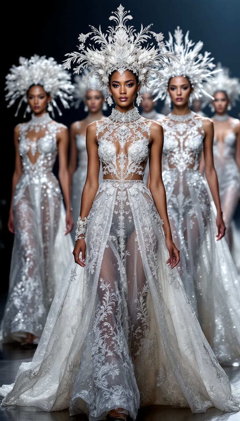 AI generated: 'Image is a high-fashion runway photograph featuring a group of models walking down the catwalk. The...