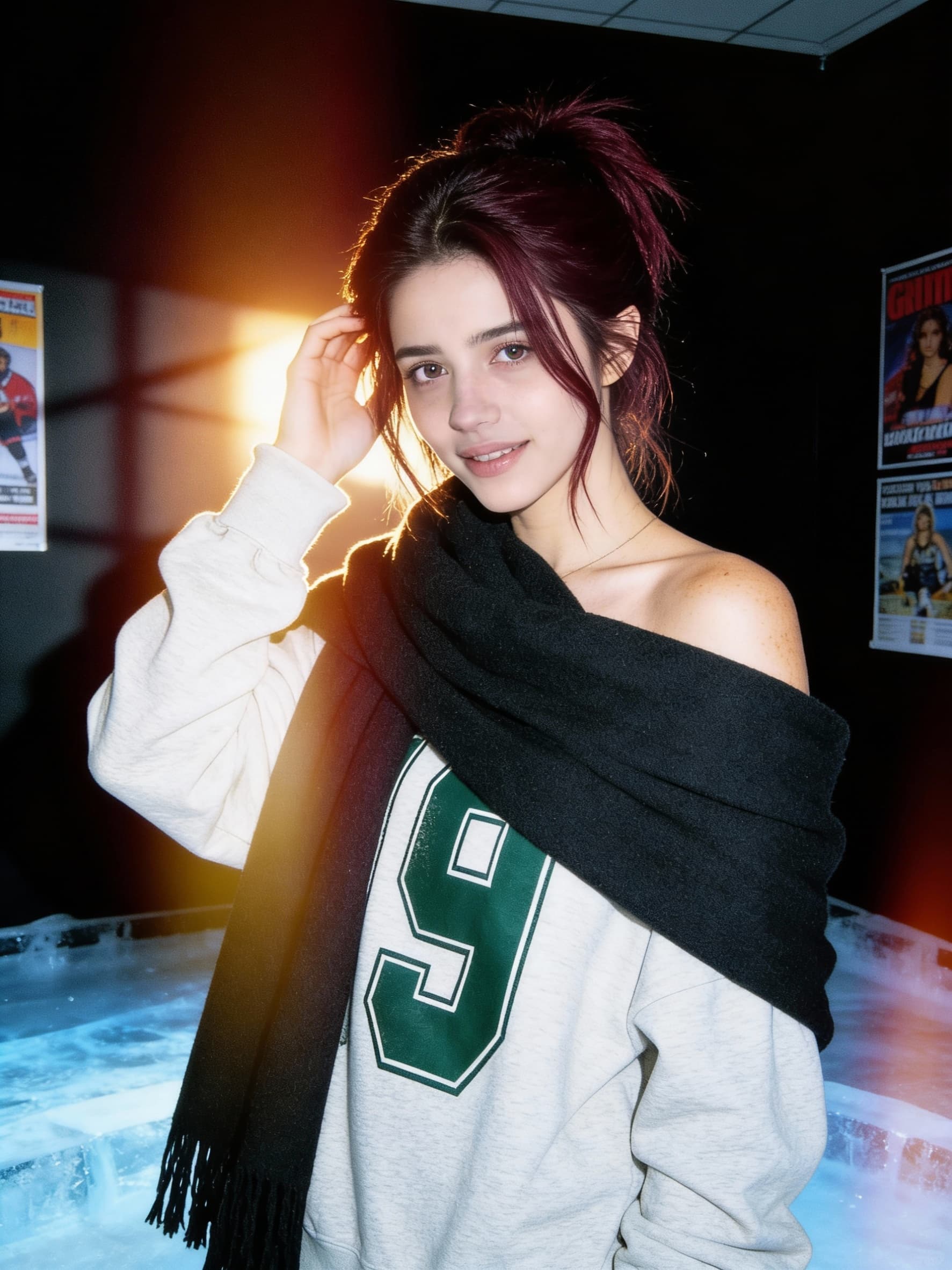 AI generated: A gritty 90s style flash photograph of a woman with pale skin and above average cup sizeand dark bur...
