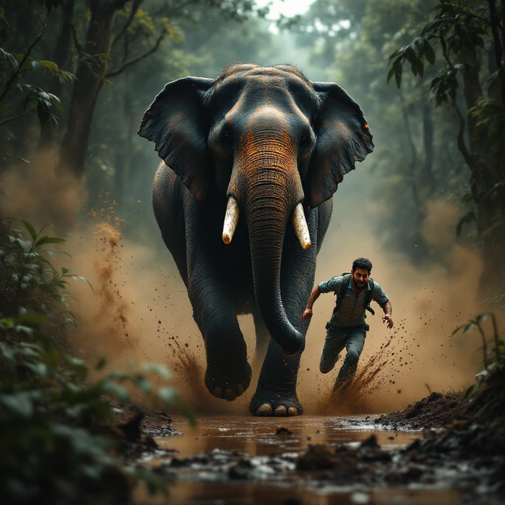 AI generated: Create a dramatic and dynamic realistic image set in a deep Kerala forest, depicting an elephant run...
