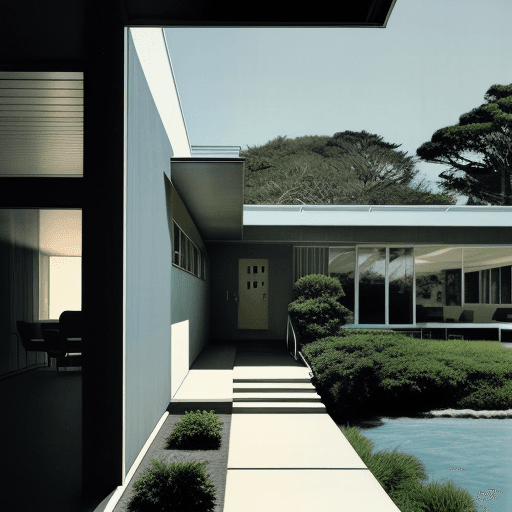 AI generated: Hyper realistic eye level exterior photo of a mid century modern style house overlooking the ocean, ...