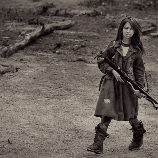 AI generated: post apocalyptic hellscape, girl walking carrying rifle and teddy bear