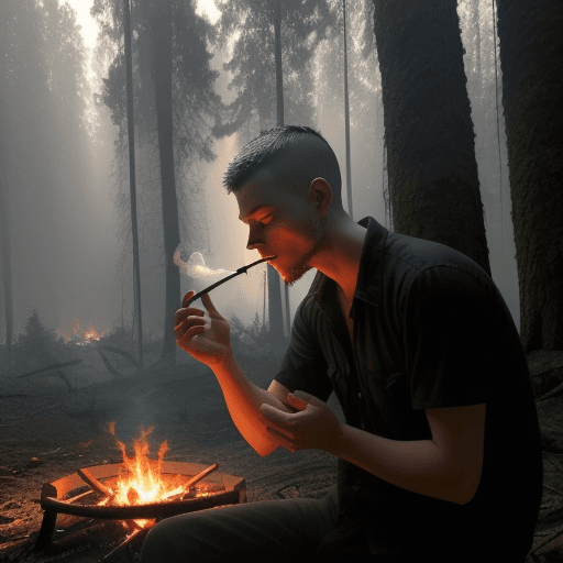 AI generated: A man is lighting a fire in the forest, he has a cigarette in his mouth and is smoking, the forest t...