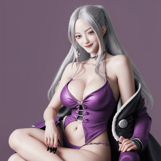 AI generated: One piece style woman with long silver hair, violet eyes, evil smile, sitting on Donquixote Doflamin...