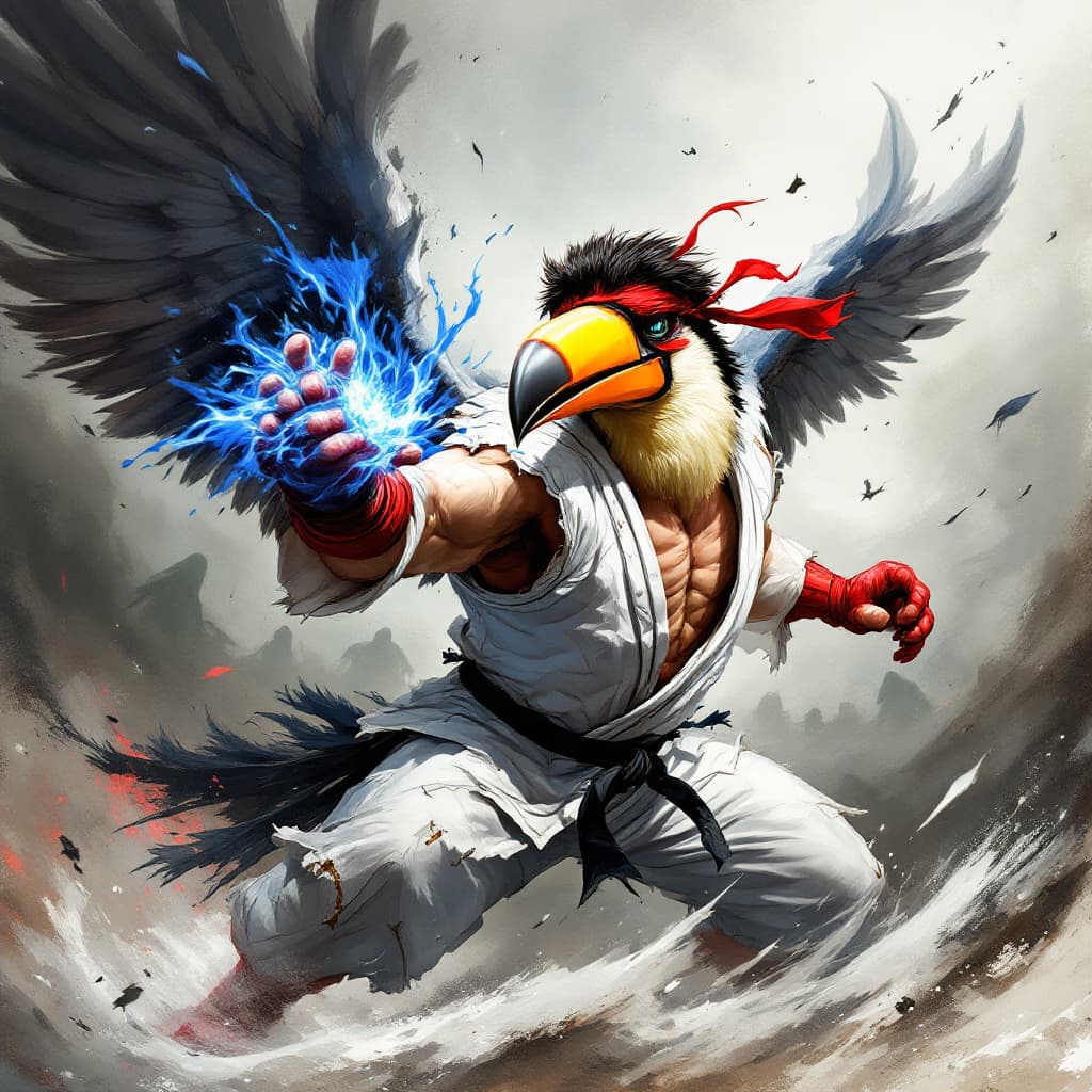 AI generated: 
A dramatic, stylized painting of a toucan dressed as Ryu from Street Fighter IV, facing the camera ...