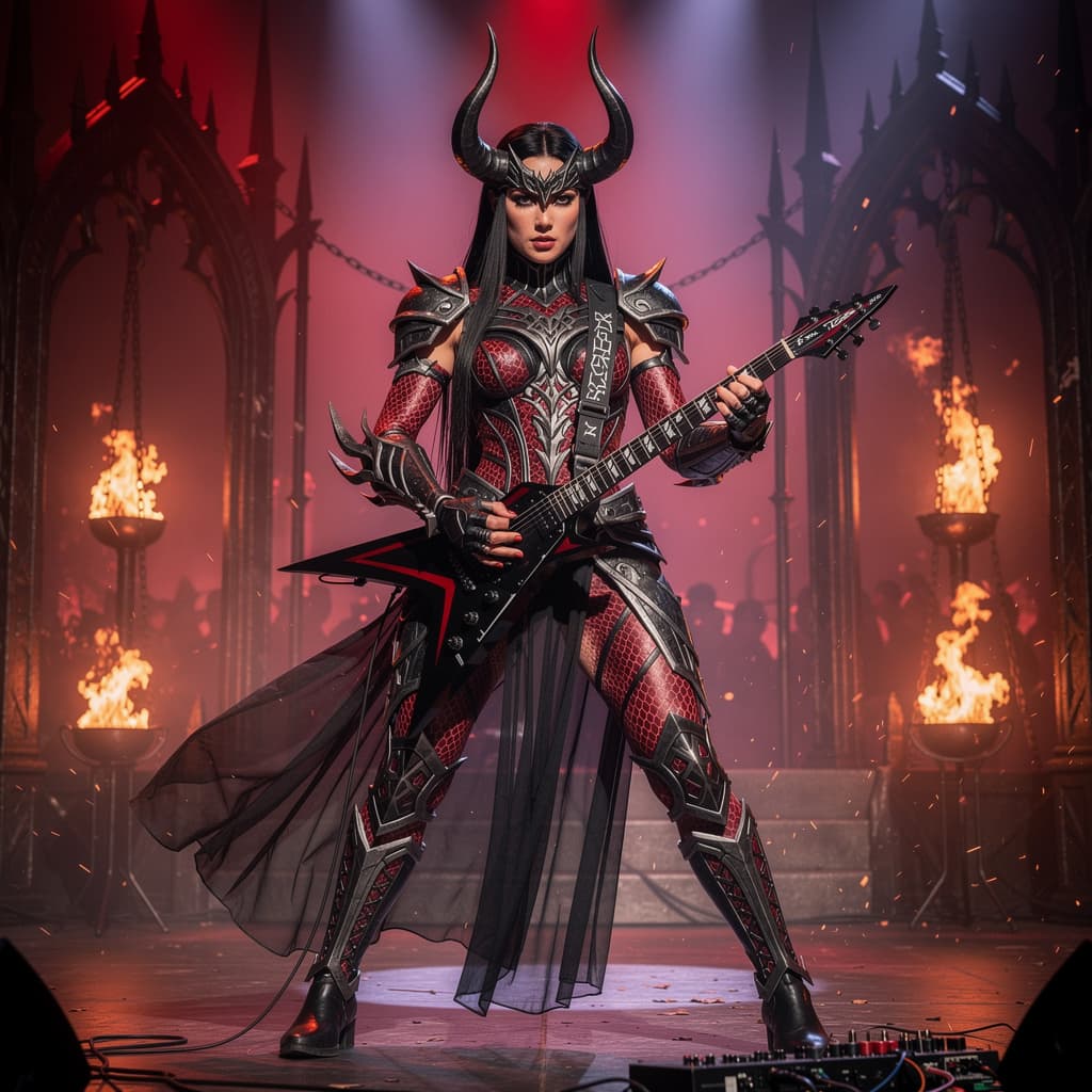 AI generated: photo of a female warrior  in an elaborate, fantasy-style armor. resplendent in intricate, red snake...