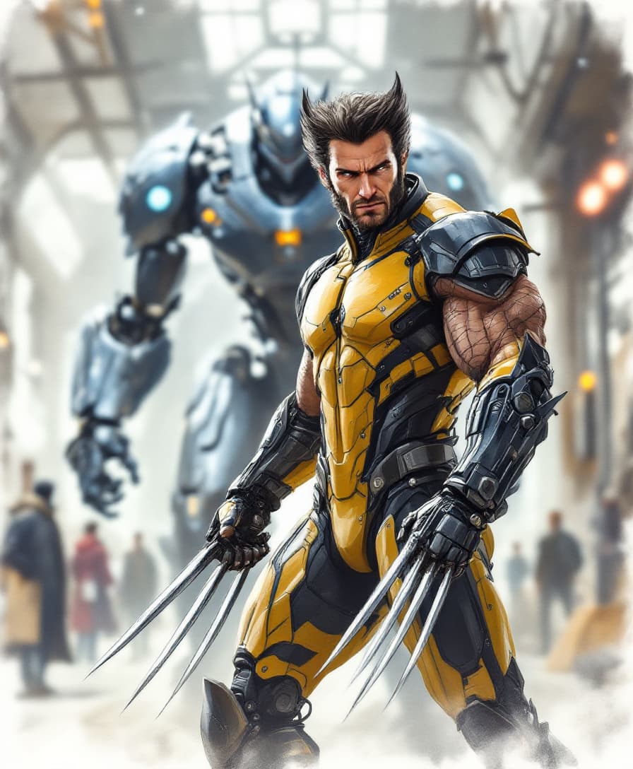 AI generated: Beautifully detailed watercolor and colored pencil drawings. Full body shot of Wolverine with sharp ...