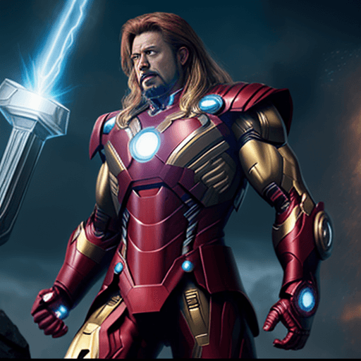 AI generated: Iron man finally listed Thor's hammer after defeating him