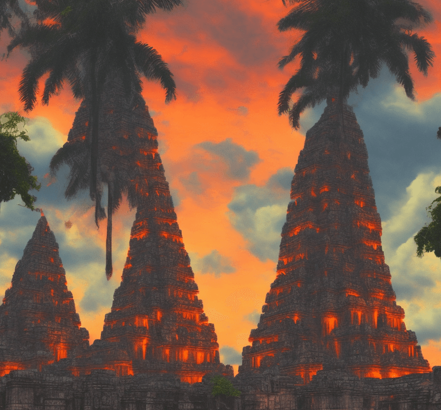 AI generated: Maya temples in the rain forest planet. cloudy orange sky. electric sparks. 2 sexy bigtitted warrior...