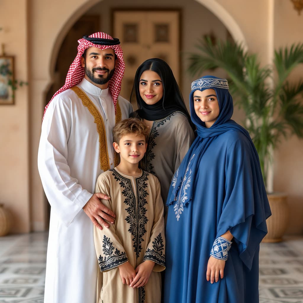 AI generated: A family of four poses forE a photo in a riad in Fez, Morocco. The family consists of a father, a mo...