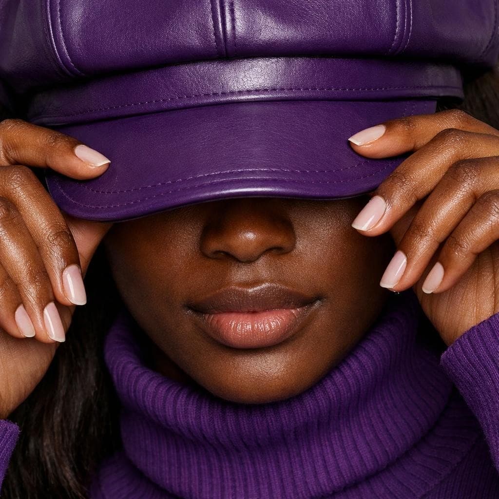 AI generated: Ultra realistic close up image of a dark-brown-skinned torso of a female wearing a purple turtleneck...