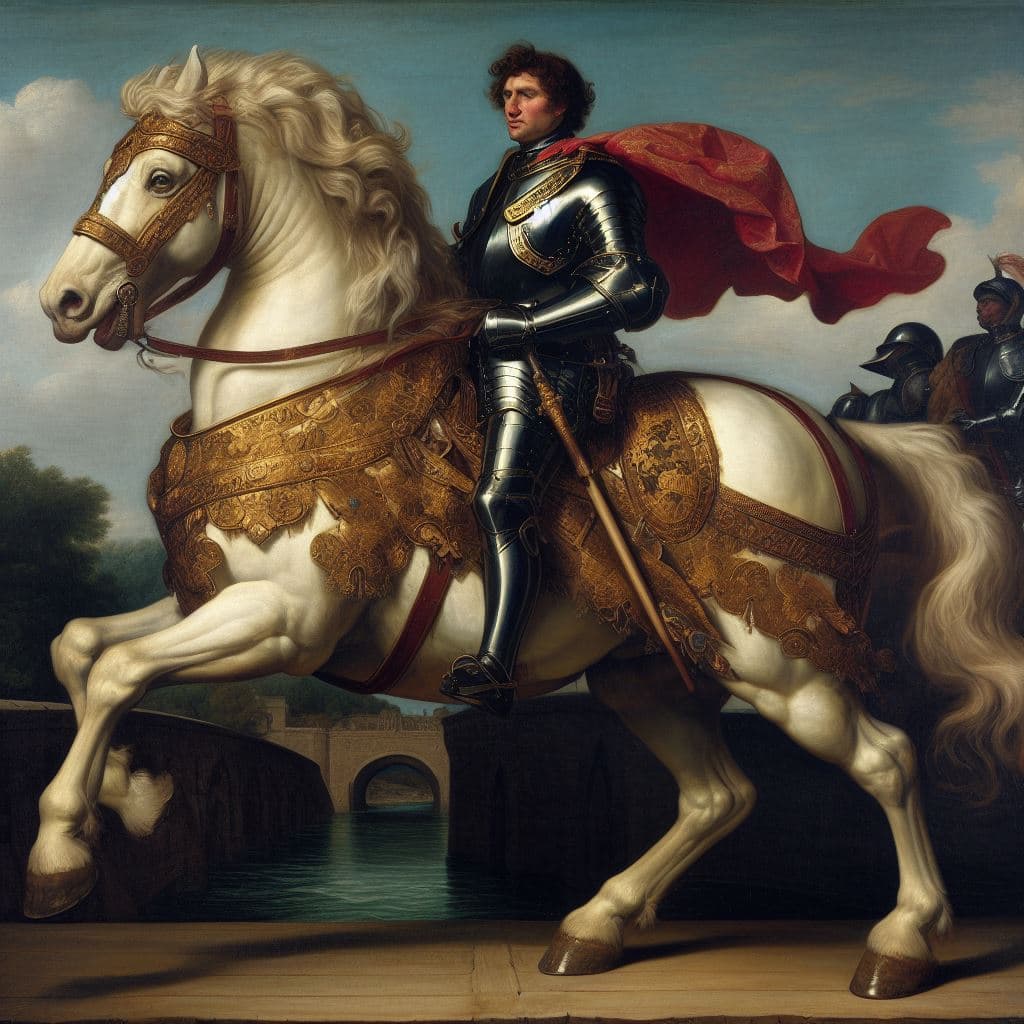 AI generated: A 16th century representative portrait, a royal knight in a dark decorative armor, riding a muscular...