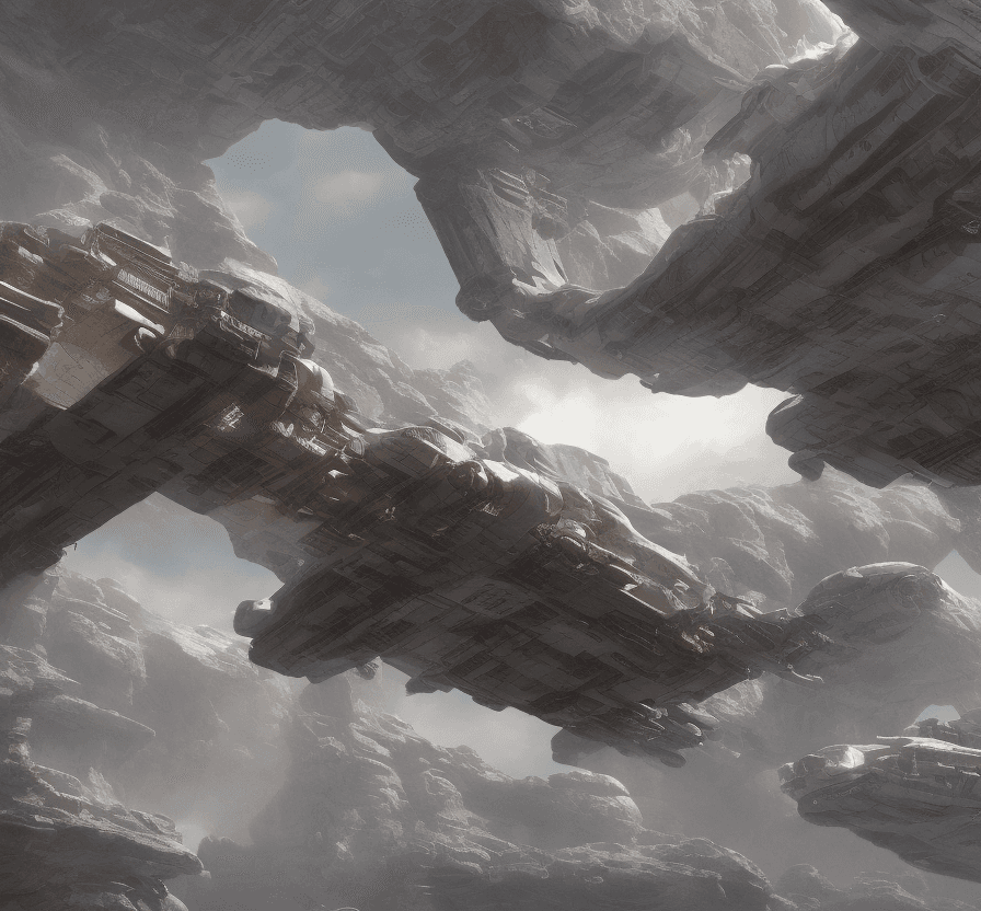AI generated: a Nostromo like spaceship is landing on a desert icy planet.. Futuristic city airport,  8k, intricat...