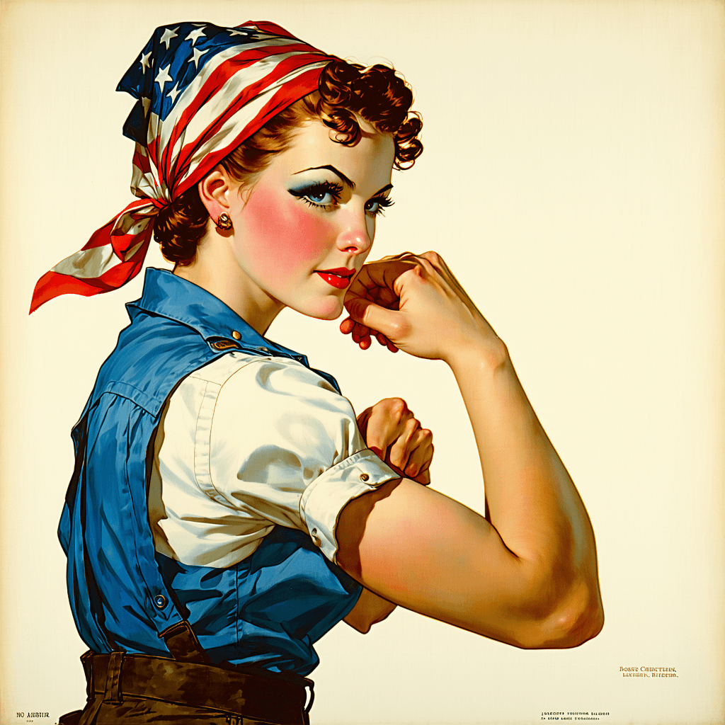 AI generated: Cover art quality illustration by ((Joseph Christian Leyendecker)), a Rosie the Riveter, 3/4 shot, f...