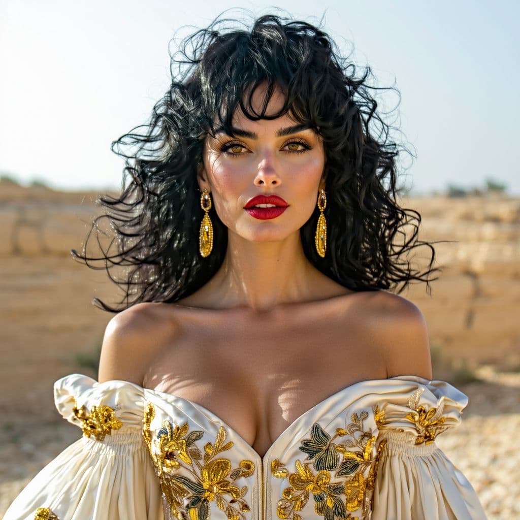 AI generated: a hyperrealistic photo of an elegant Spanish woman in an elegant off-the-shoulder dress, luxury dolc...