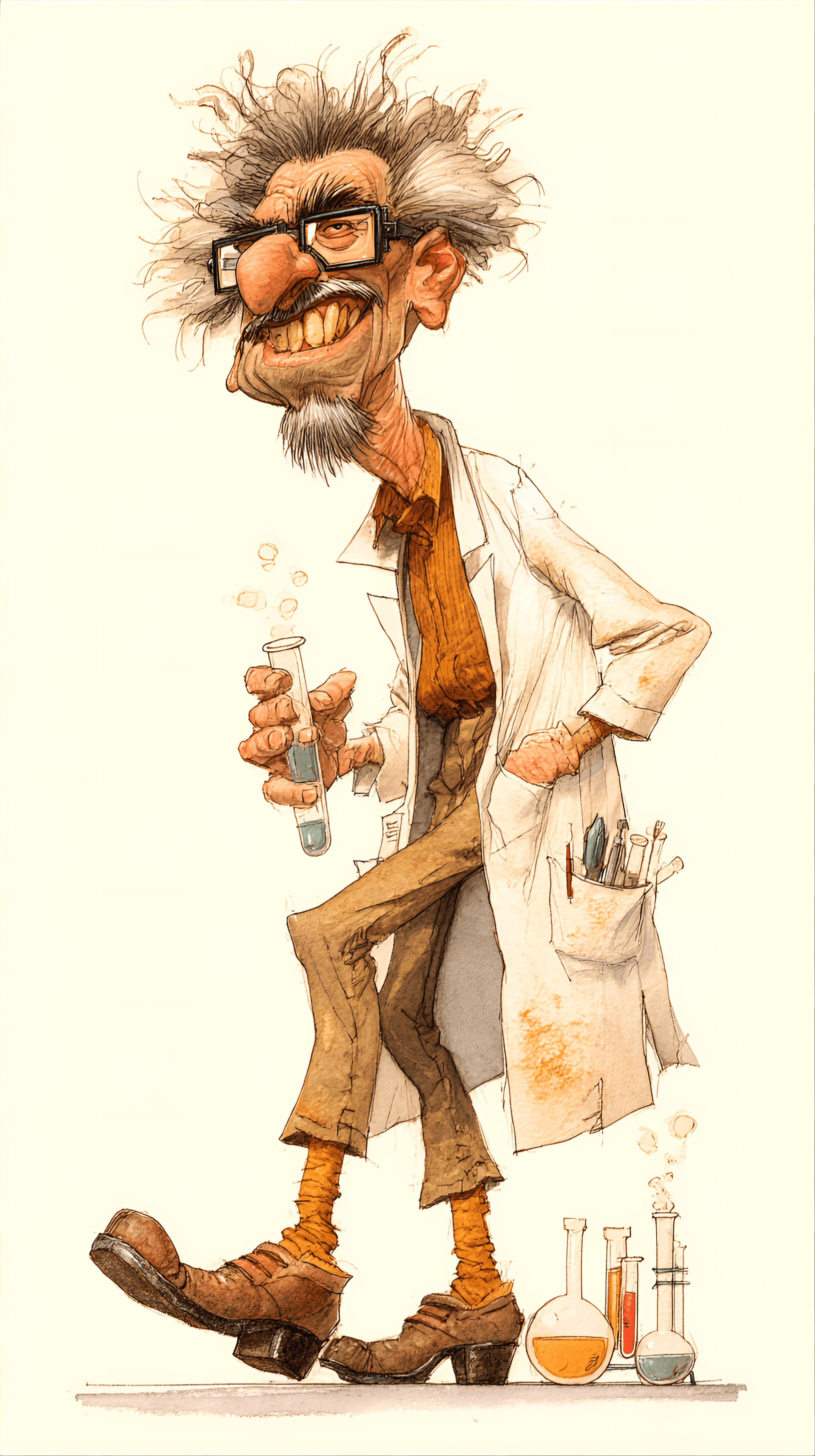 AI generated: funny caricature, quirky scientist character, 60 years old, eccentric, disheveled, brilliant, exagge...
