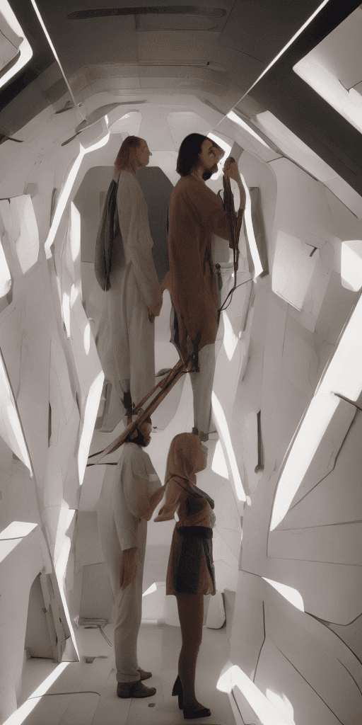 AI generated: shadows of a man and a woman standing opposite each other inside a spaceship. They are shooting arro...