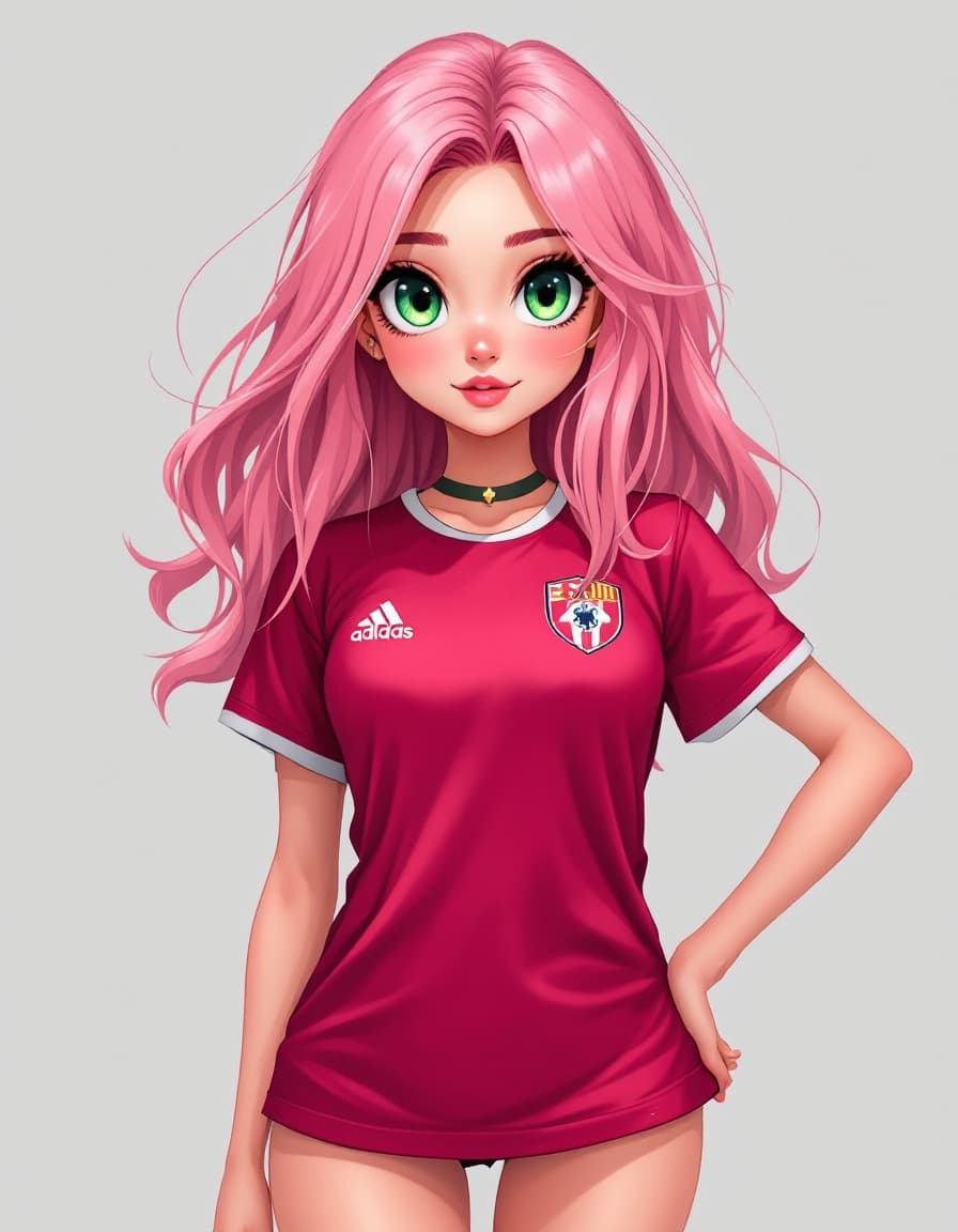 AI generated: Chica de anime, pelo color rosa , ojos color verde , con grandes proporciones , que tenga camiseta d...