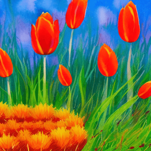 AI generated: Red Hedgehog in a Serene Meadow and Vibrant Orange Tulips, Impressionistic, Soft Brushstrokes, detai...