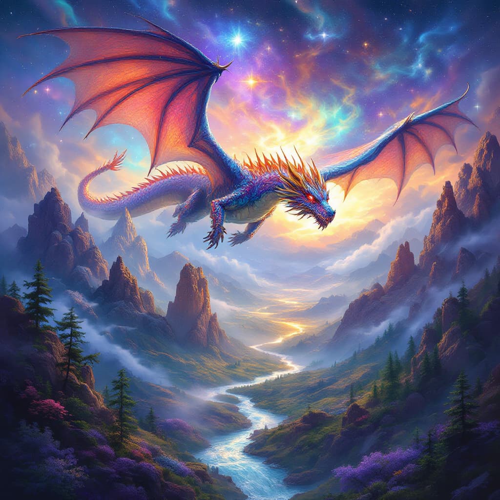 AI generated:  an epic fantasy scene of a mighty dragon soaring through a vibrant, otherworldly landscape. The dra...