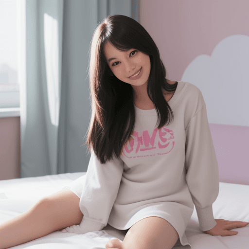 AI generated: girl ,entertainment,sitting on bed,smile,big  ls apart with style