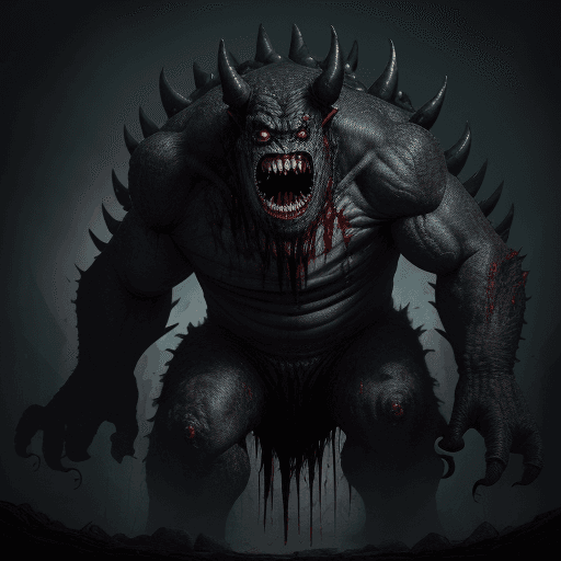 AI generated:  high quality foto of a big dark monster, moster with grimaces and big very long teeth, everywhere e...