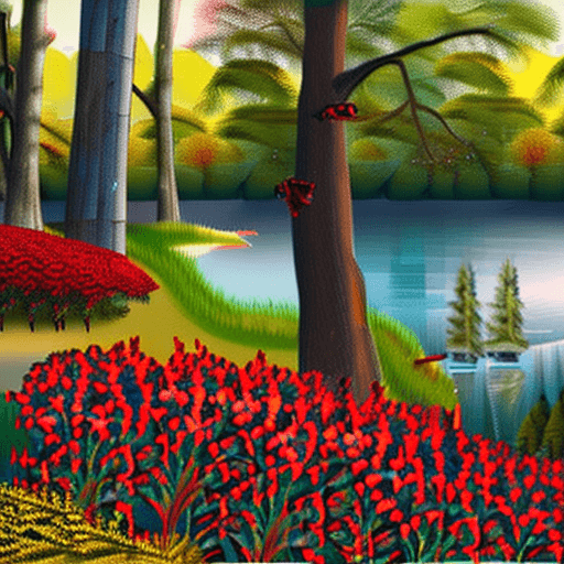 AI generated: A forest with a lake and wild animals and red flowers