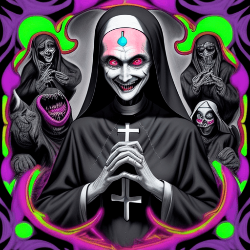 AI generated: Smiling Demonic Nun Surrounded By Monsters, A Dark Fantasy in Escher's Style, Neon Multicolored Graf...