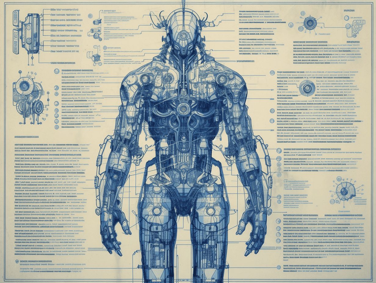 AI generated: the artificial man on a blue background, in the style of akihiko yoshida, blueprint --ar 4:3