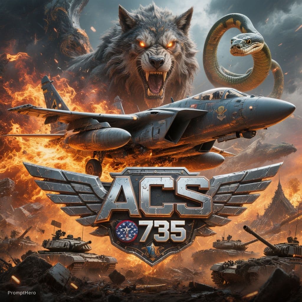 AI generated: Epic ACS Air Squad profile emblem for Server 735. Huge fighter aircraft emerging from flames. Massiv...