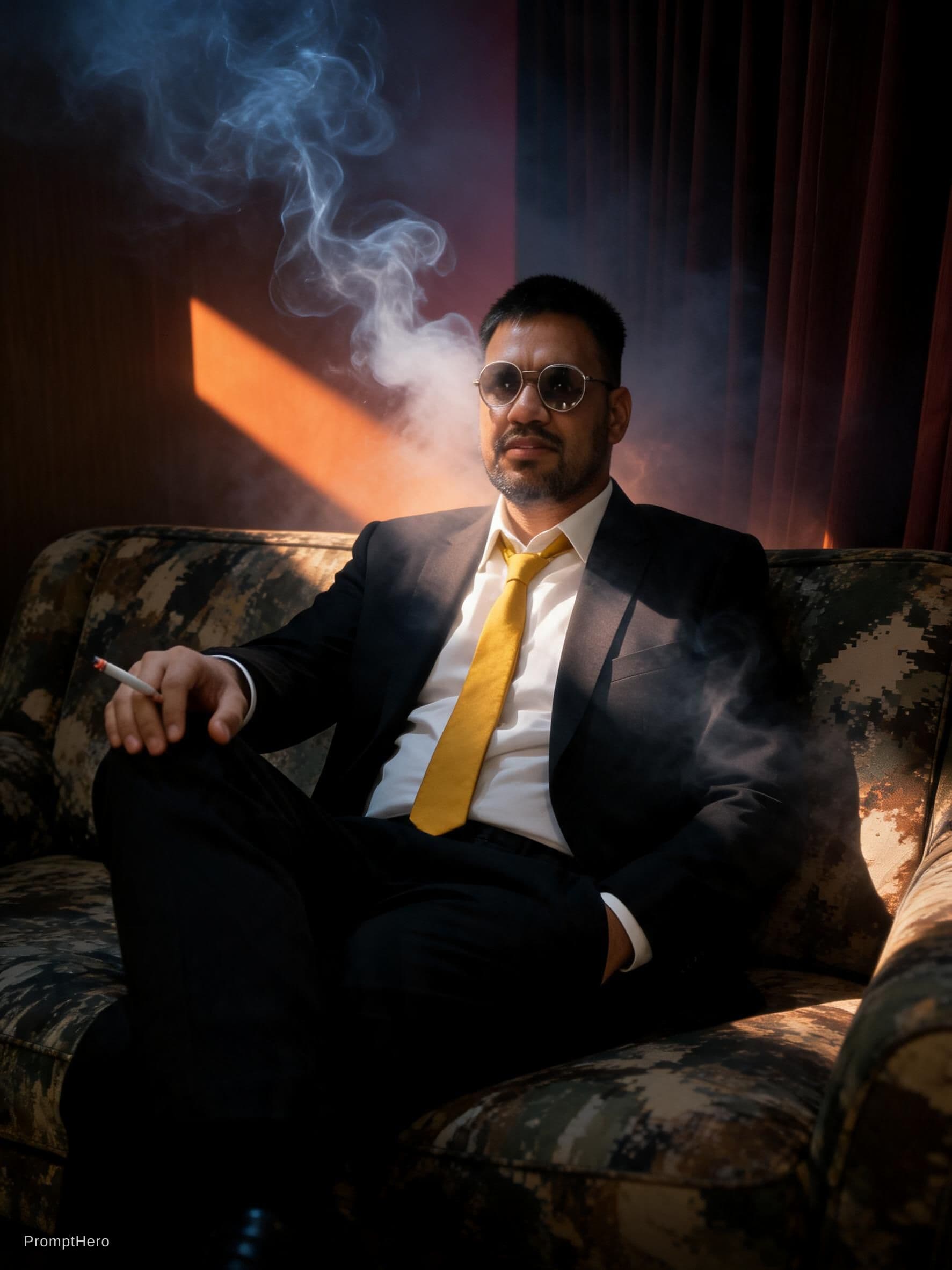 AI generated: photography, cover shoot, dimly lit room with a hazy atmosphere, capturing a professional male model...