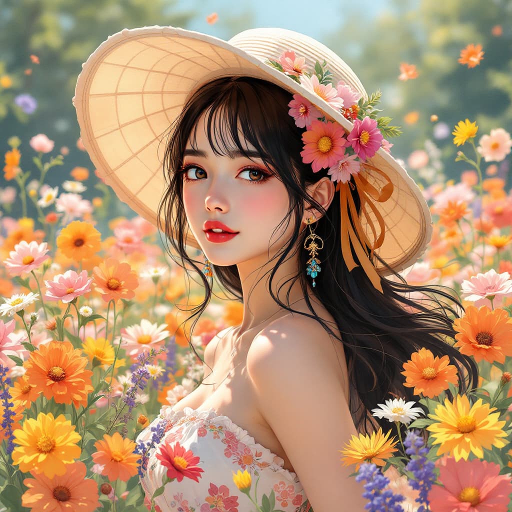 AI generated: woman, anime, a flowers with bright colors, with cap