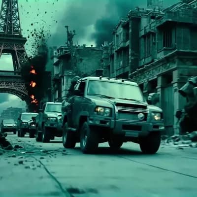 AI generated video: A post apocalyptic car race in front of the ruins of the Eiffel Tower. Cars speeding by, exploding a...