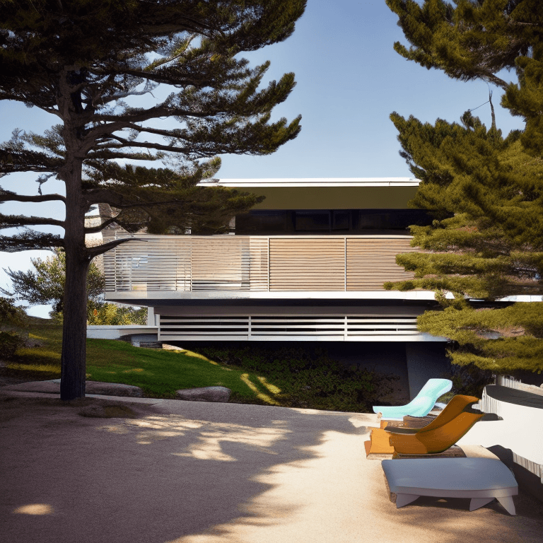 AI generated: Hyper realistic eye level exterior photo of a mid century modern style house overlooking the ocean, ...