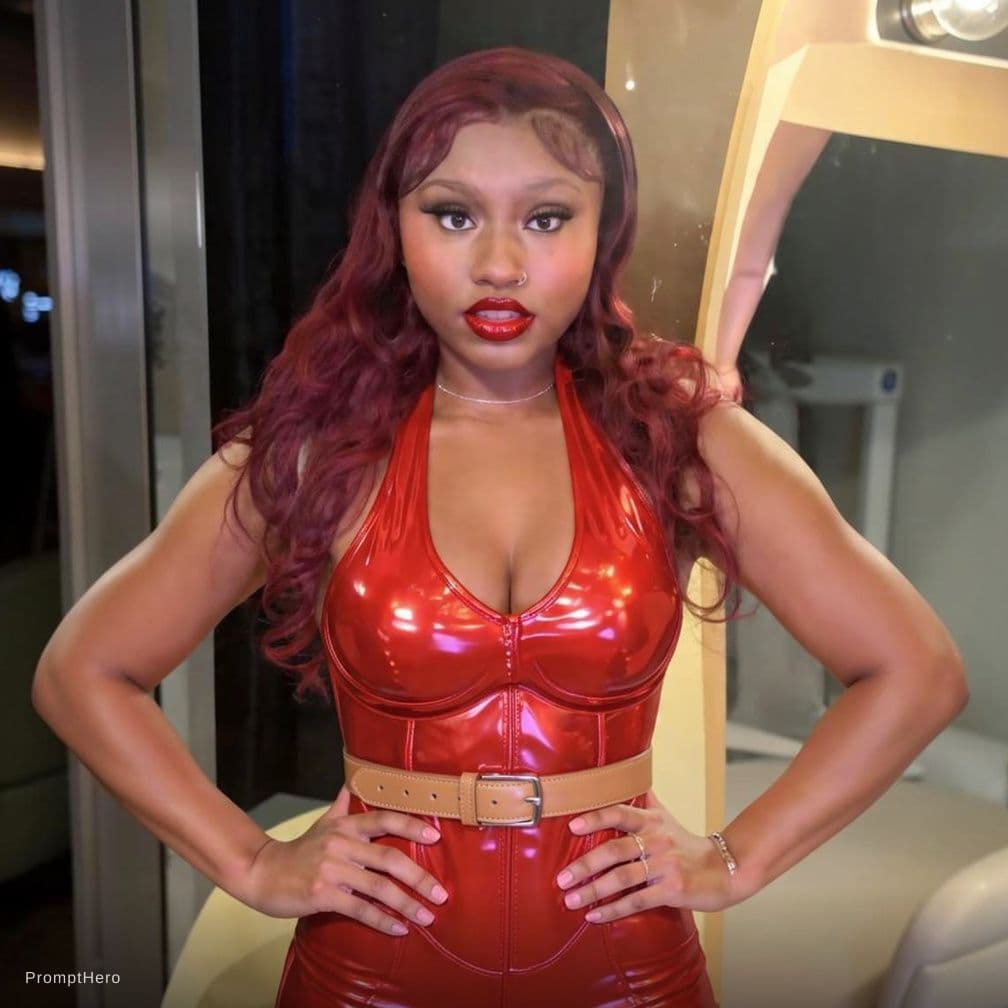 AI generated:  Light brown Dildo harness on her waist
