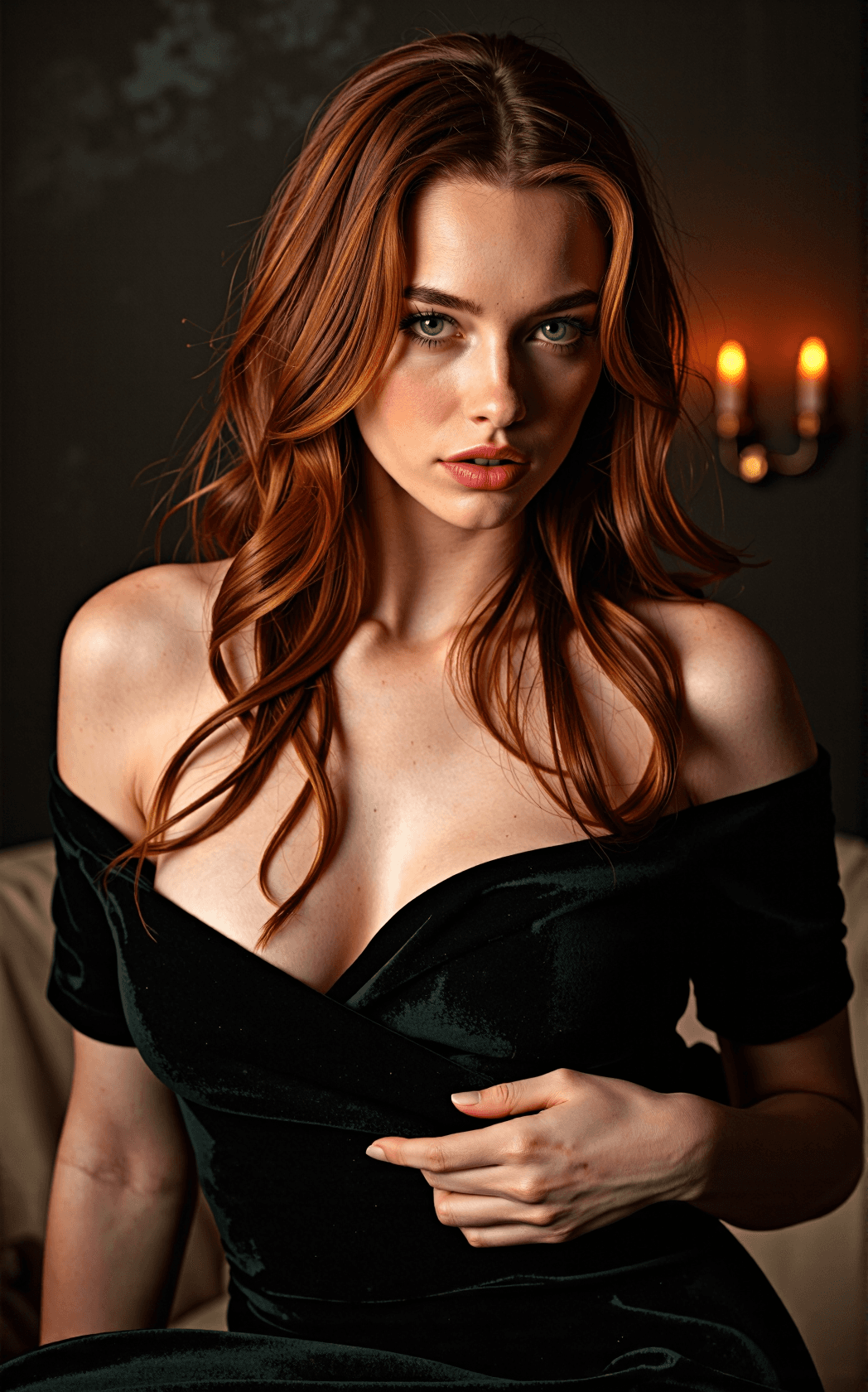 AI generated: An intimate, seductive editorial documentary portrait captures a striking young woman with long, vol...