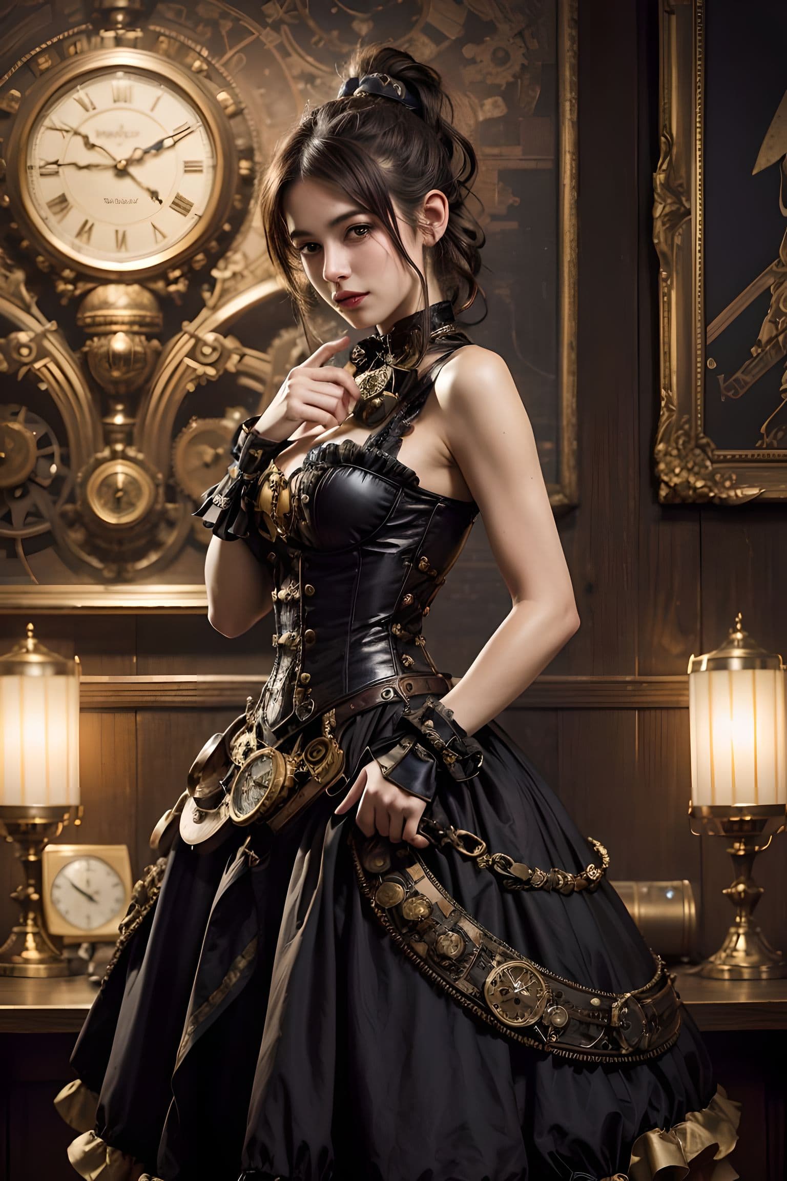 AI generated: (steampunk theme), Victorian era, centered, official artwork, a cute girl, ponytail hair, steampunk ...
