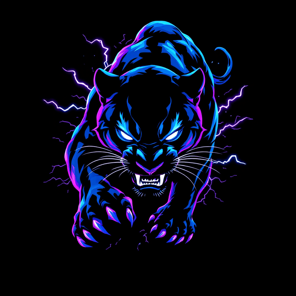 AI generated: "A fierce, stylized black panther leaping forward, surrounded by crackling neon blue and electric pu...