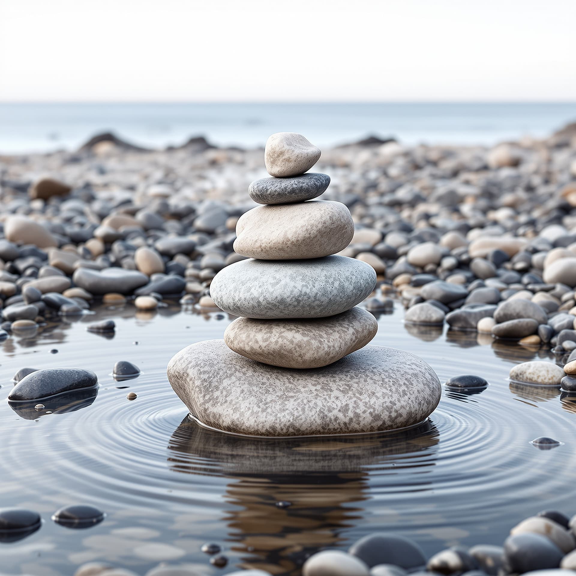 AI generated: Un primer plano de unas piedras apiladas en equilibrio (cairn) frente a un fondo de agua desenfocado...