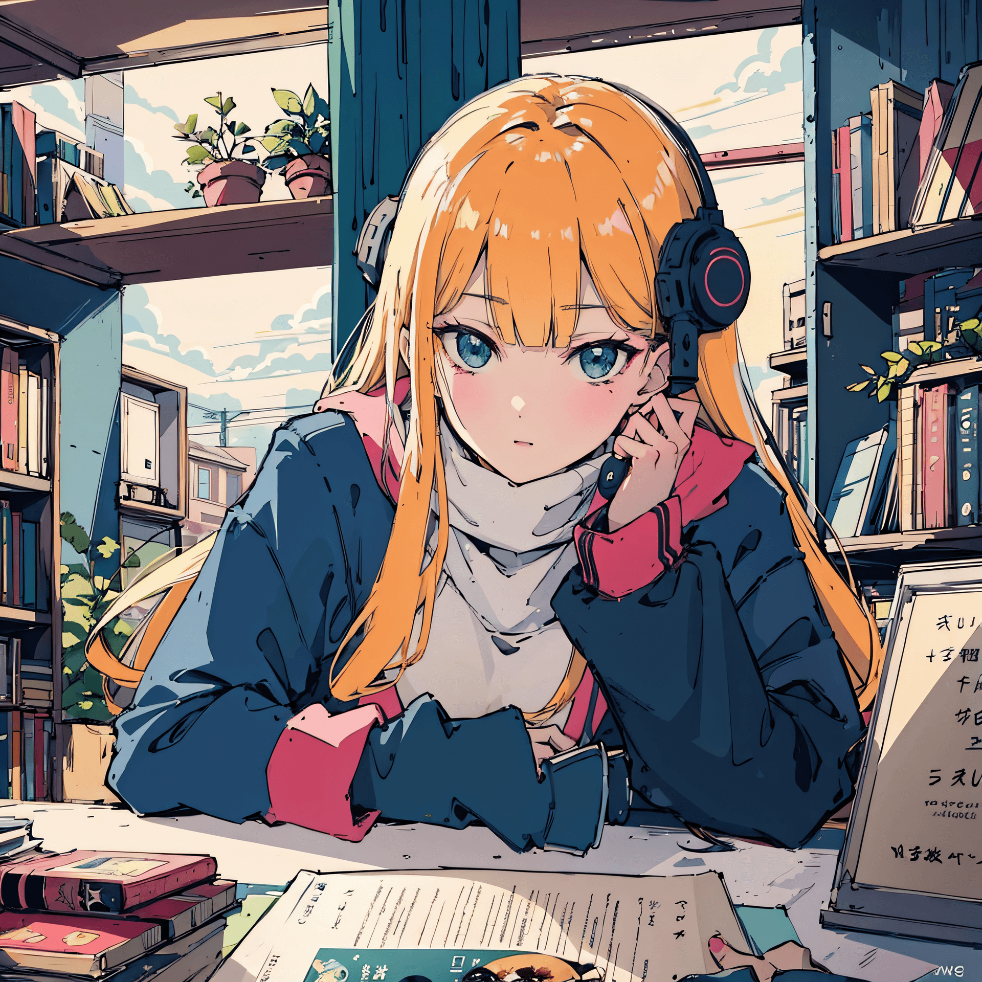 AI generated: a close up of a cartoon girl sitting at a table, anime vibes, anime aesthetic, in the art style of 8...