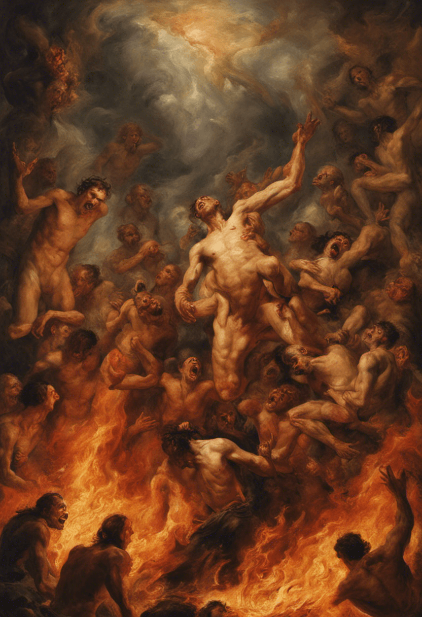 AI generated: Souls freed from hell, oil painting, flames in the background and twisted human bodies, screams, Ped...