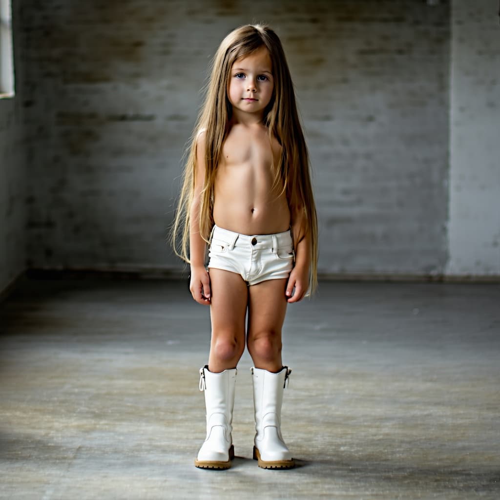 AI generated: a child girl with long hair in white boots and bare cheast standing in a grey room 