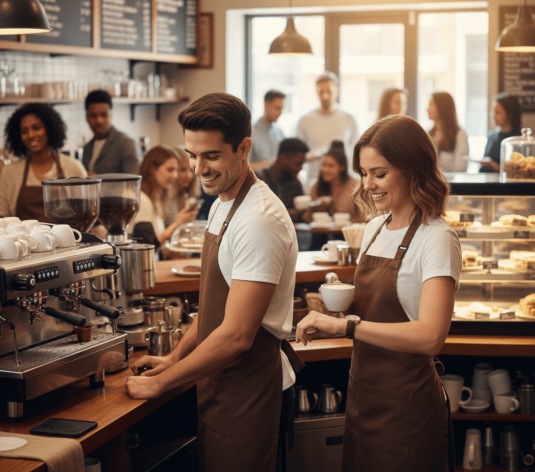 AI generated: Male Hispanic barista 5'2" tall, at a warm coffee shop behind the coffee bar. The coffee shop is ful...