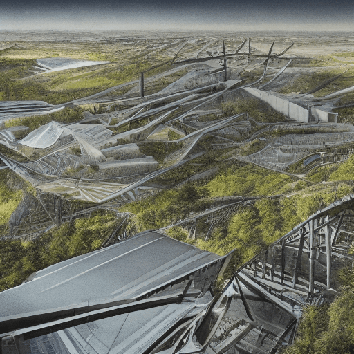 AI generated: Hyperrealistic landscape photo of a Lebbeus Woods, Morphosis, Thom Mayne style infrastructure overlo...