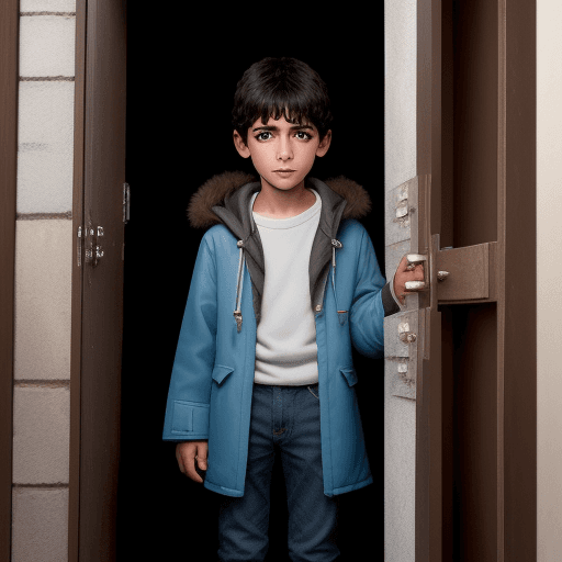 AI generated: niño 7 años, con abrigo, de espalda, tocando puerta delante