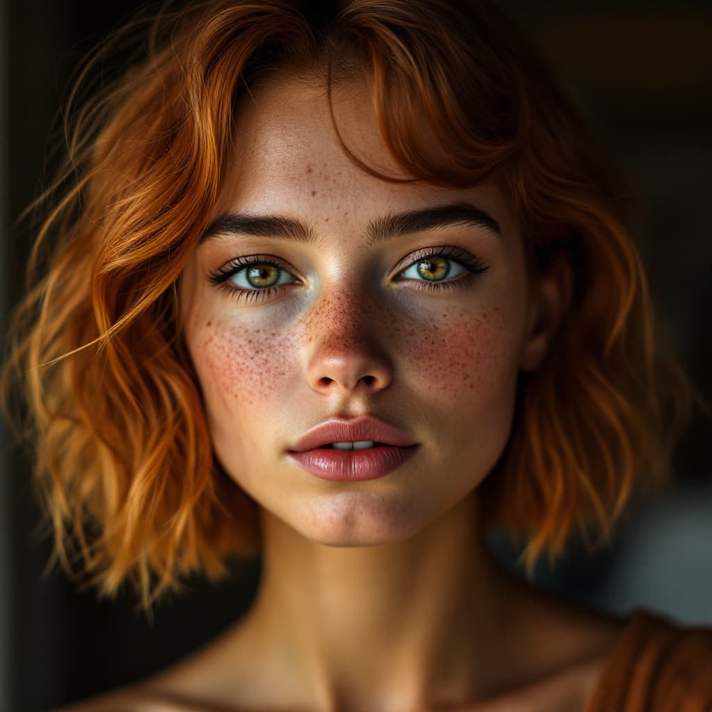 AI generated: (She just turned 18) and has short  bob wavy (reddish brown) hair with a (average build), large brea...